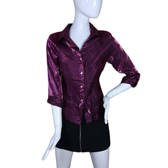 Vintage Charlotte Russe Button Down Shirt Size Large Purple Shiny 3/4 sleeve - Picture 2 of 8